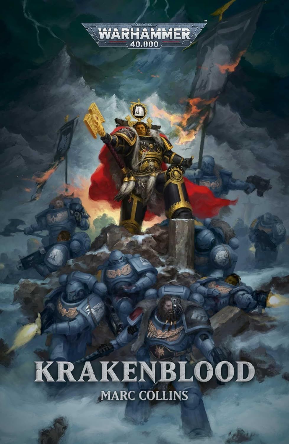 Warhammer 40,000 book cover for “Krakenblood,” showing an armored warrior over slain bodies and fire