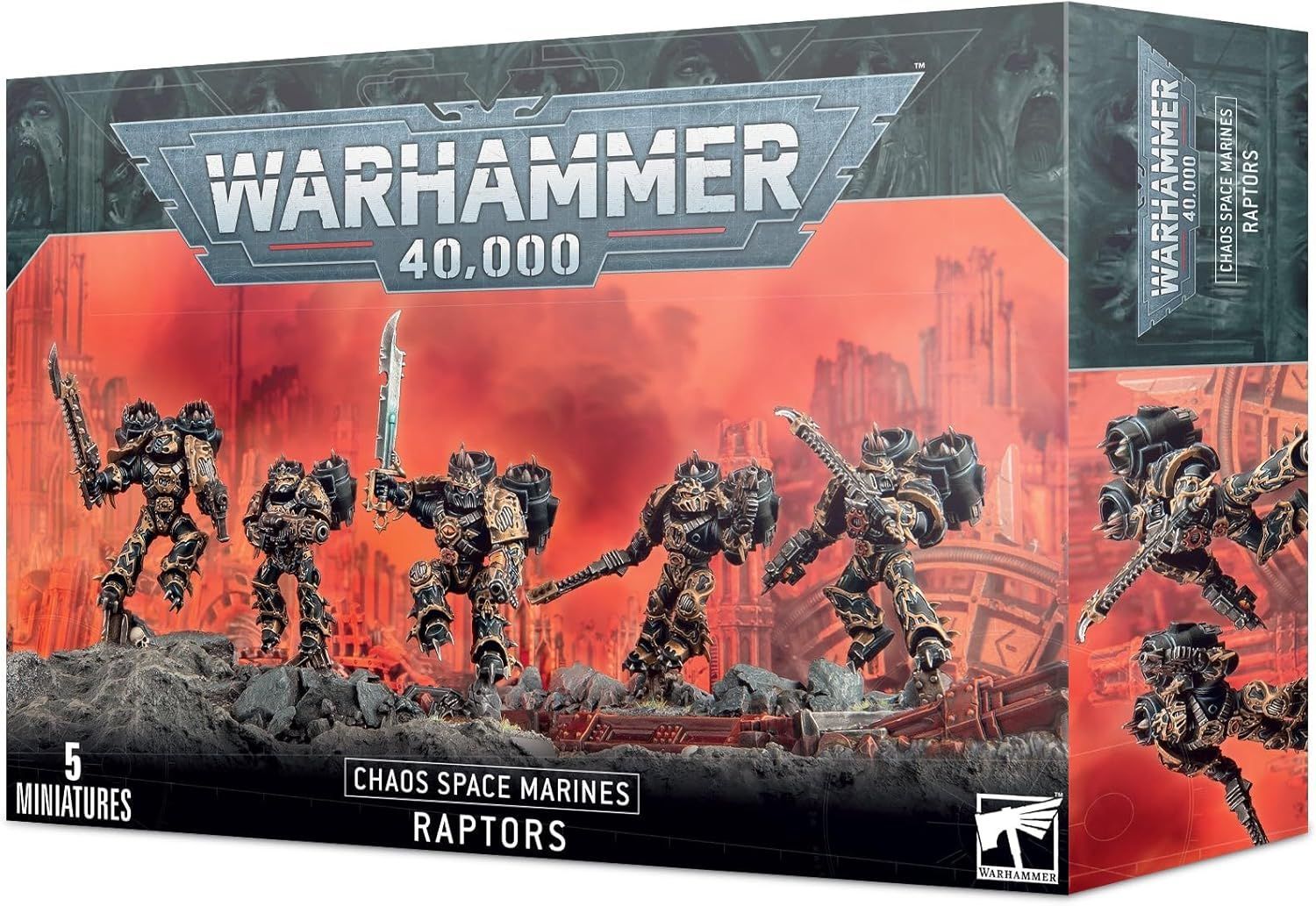 Warhammer 40,000 boxed set with six black-armored Space Marines on a red battlefield backdrop