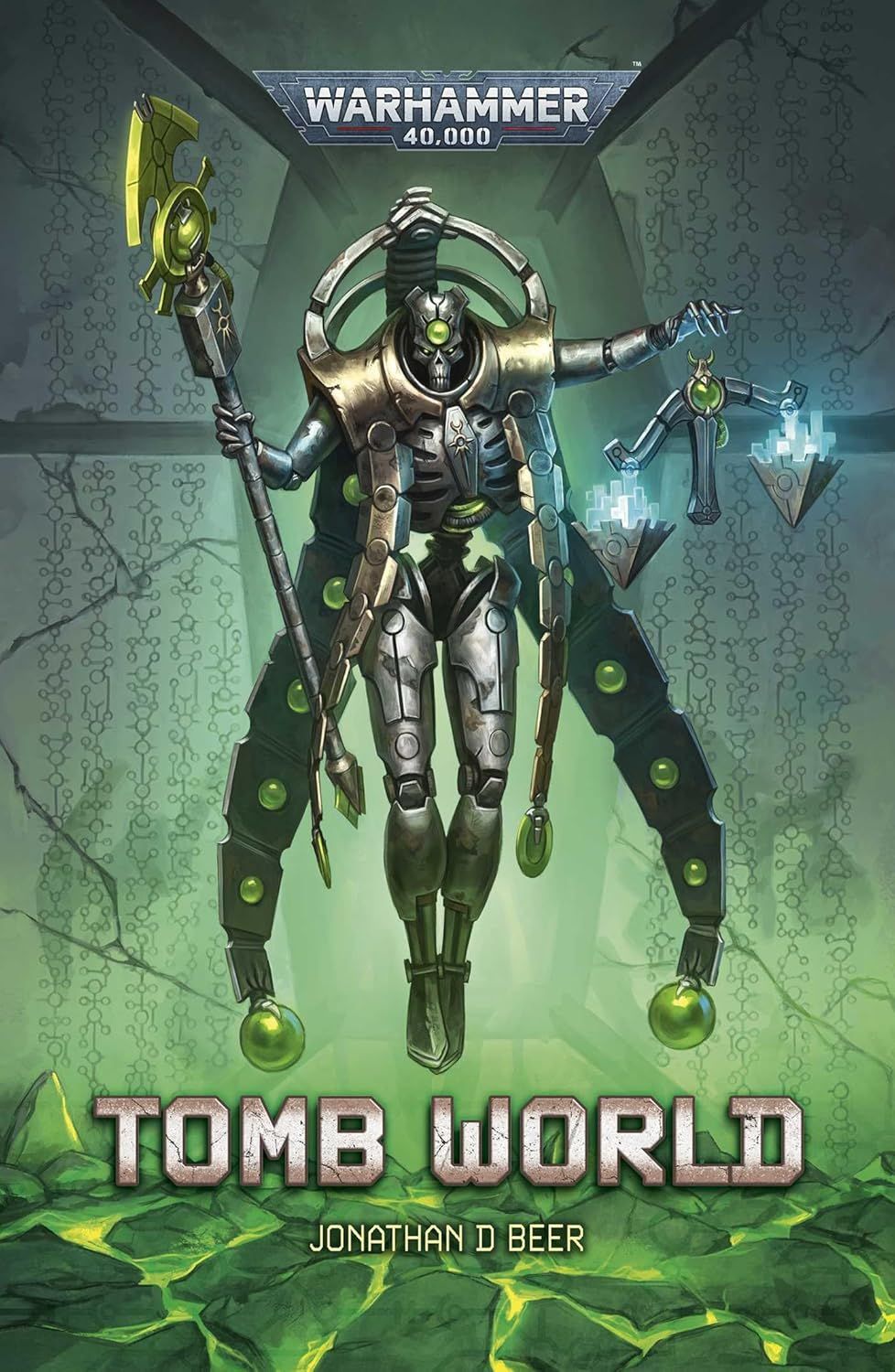 Warhammer 40,000 Tomb World poster with a glowing skeletal robot in a green, ruined sci-fi corridor