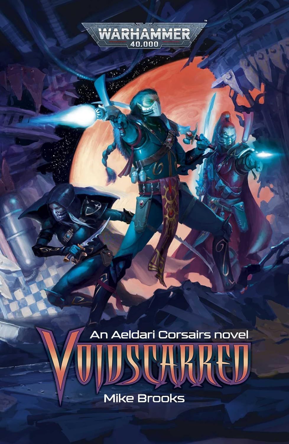 Warhammer 40,000 book cover: three armored figures in teal and purple beneath a glowing orange moon.