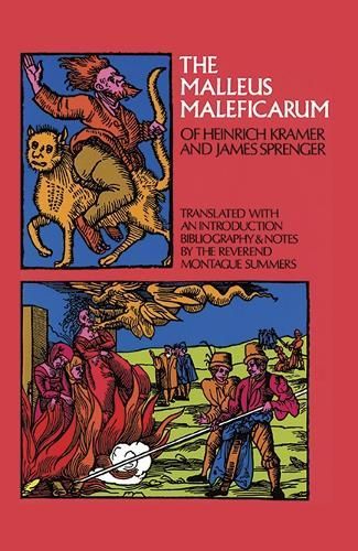 Book cover of The Malleus Maleficarum with medieval witchcraft illustrations on a red background