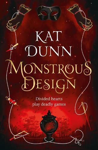 Book cover for Kat Dunn’s Monstrous Design on a red background with ornate gold chains and a dark rose