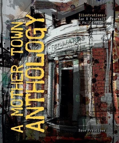 Book cover titled “A Mother Town Mythology” with a sketchy brick building and bold yellow vertical text.