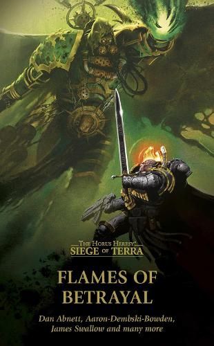 Fantasy book cover showing a green armored warrior battling a dark, glowing monster under the title “Flames of Betrayal”