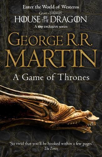 Book cover for George R. R. Martin’s A Game of Thrones, with a gold dragon on a dark background