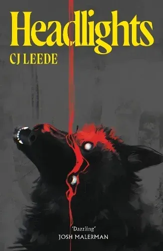 Black dog beneath red stream, with the title “Headlights” in yellow at top.