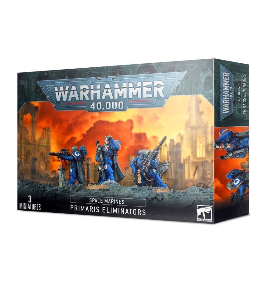 Warhammer 40,000 Primaris Eliminators boxed miniatures set with blue armored figures against an orange battlefield scene