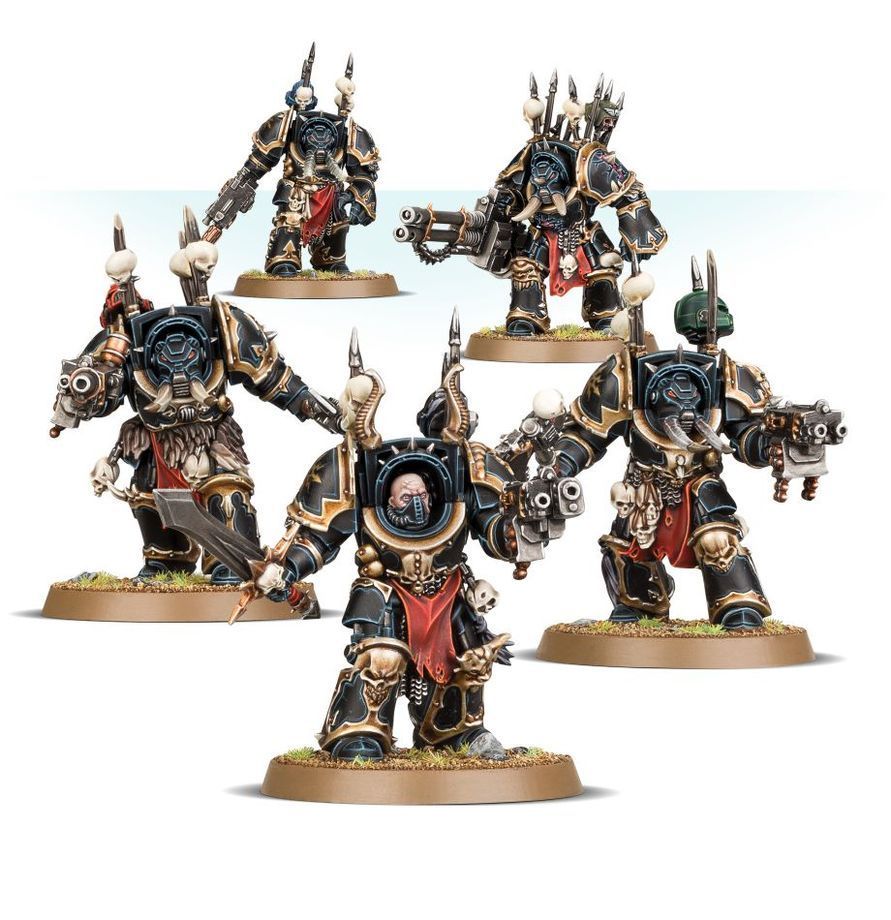 Five armored fantasy miniatures on beige bases, posed against a white background.