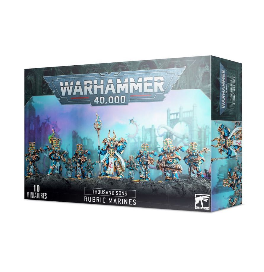 Warhammer 40,000 tabletop game box with blue-armored figures and teal-purple artwork