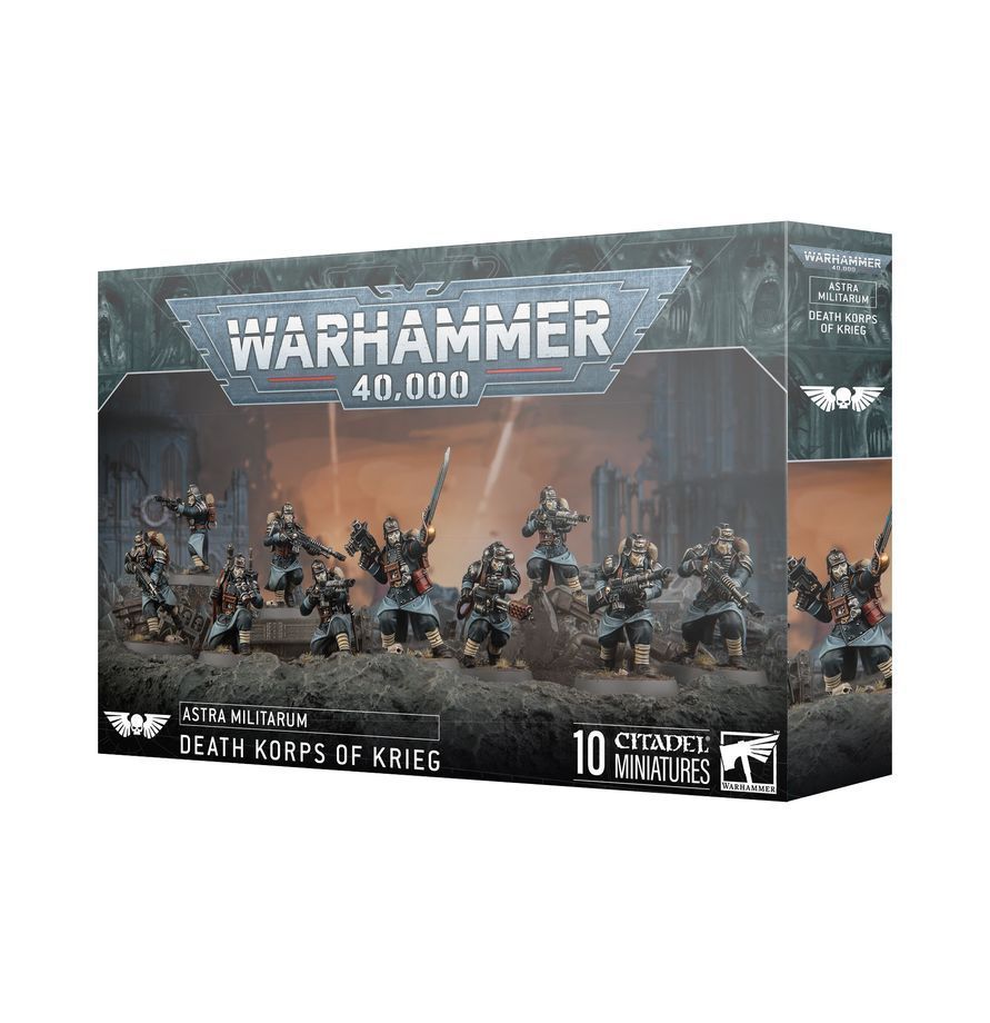 Warhammer 40,000 Death Korps of Krieg miniatures box with ten painted soldiers on the front cover