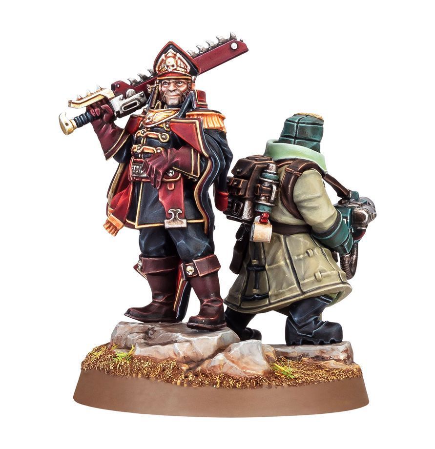 Two painted miniatures: a red-clad rifleman and a green backpacked figure on a small base