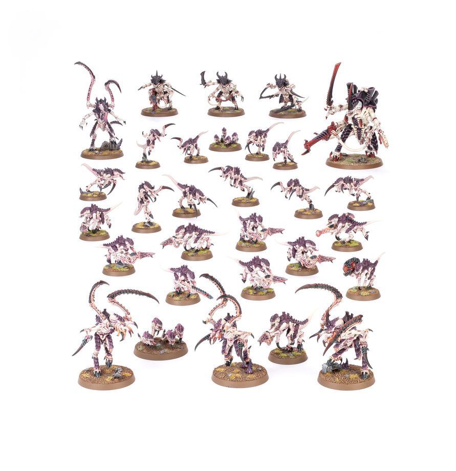 Warhammer 40,000 Tyranid Swarm box with a swarm of red and gray alien miniatures on the front.