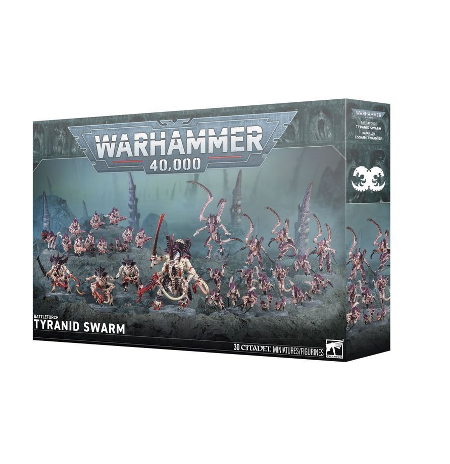 Warhammer 40,000 Tyranid Swarm box with a swarm of red and gray alien miniatures on the front.