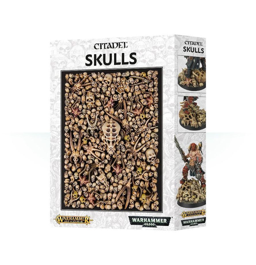 Skulls-themed toy package with black-and-brown pattern and small figure images on the side