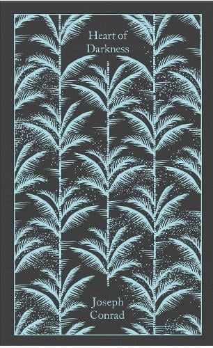 Book cover of Heart of Darkness by Joseph Conrad with pale palm trees on a dark background