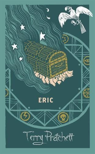 Harry Potter-style chest with hands, stars, and flying owls; name “ERIC” and “Terry Pratchett” below.