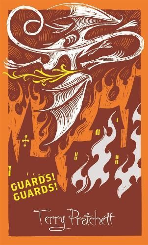 Stylized dragon poster in orange, white, and yellow with “Guards! Guards!” and Terry Pratchett text