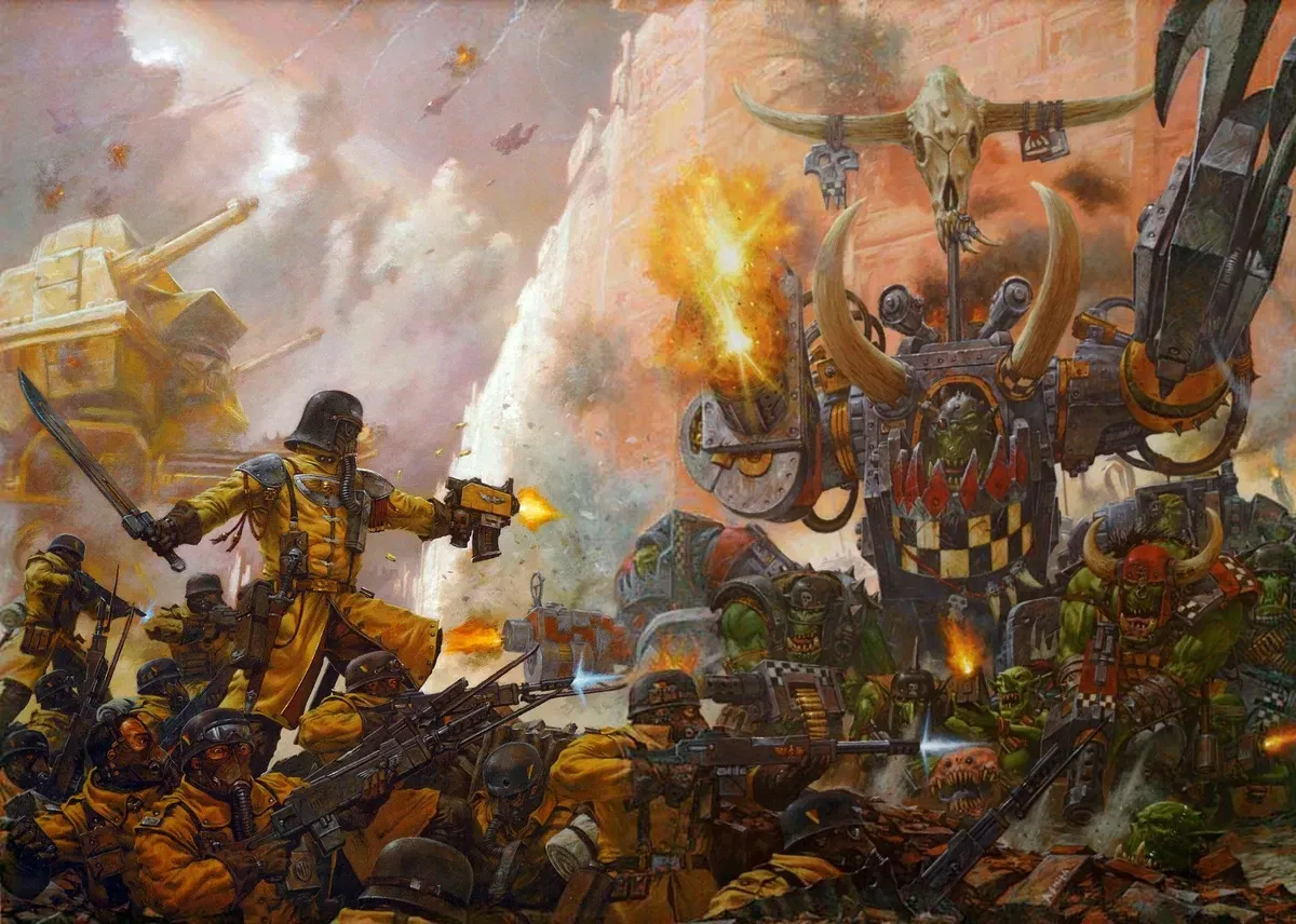 A battlefield scene with armored soldiers confronting a giant horned monster amid fire and smoke.