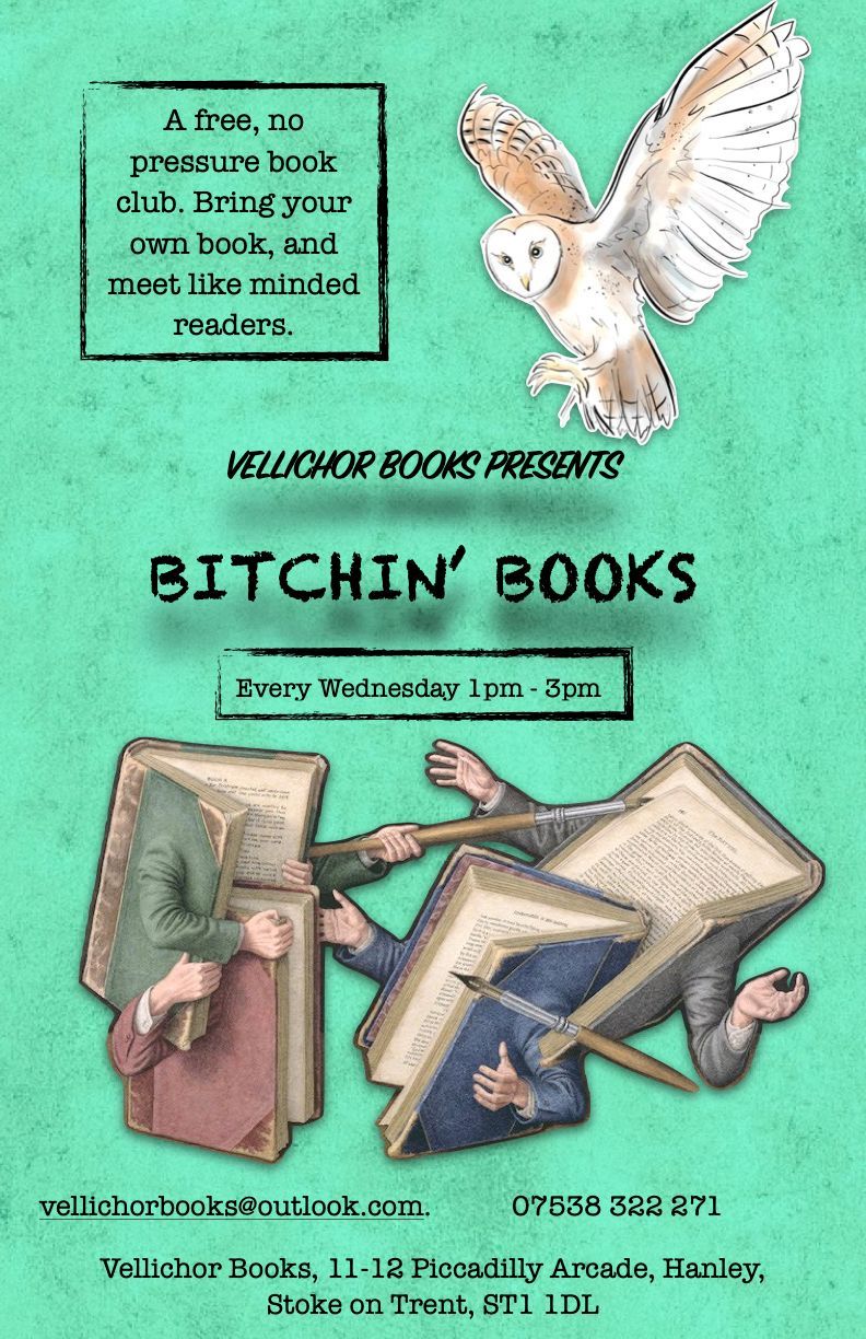 Vintage book cover with a flying owl, open books, and the title “Bitchin’ Books” on a teal background