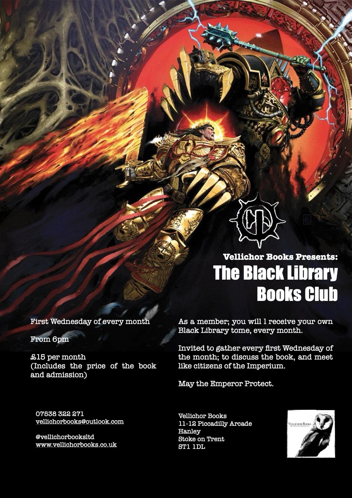 Dark fantasy book club flyer with a horned armored figure, red flames, and the title “The Black Library Books Club”