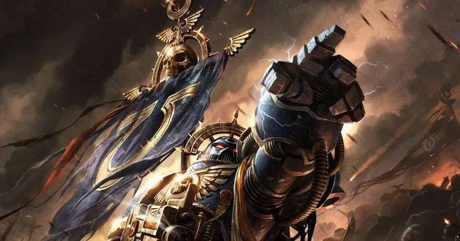 Armored warrior facing a towering golden deity in a smoky, fiery battlefield with swirling blue cape