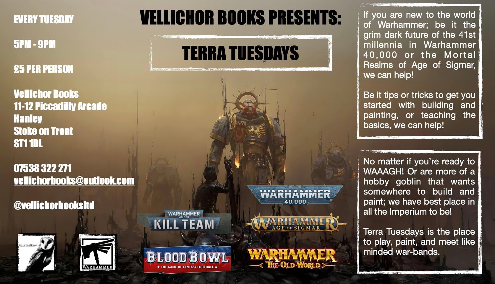 Book poster for “Terra Tuedes,” showing a giant robot in a dusty landscape with featured titles and author names.