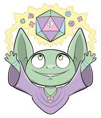 Green cat-like character in a purple robe raises its hands beneath a glowing crystal orb with a question mark.
