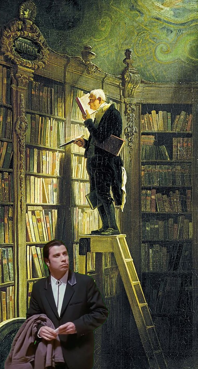 Two men in a library, one on a ladder reaching for books, another seated in front.