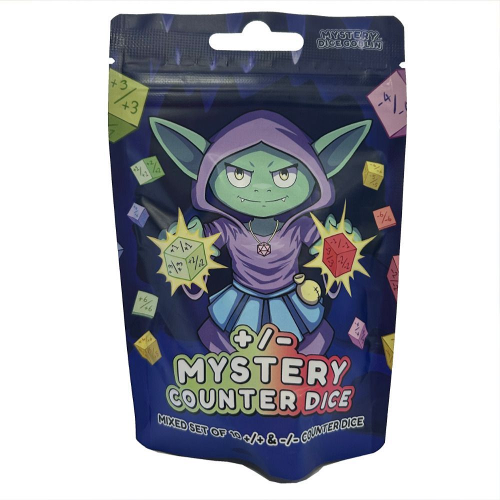 Mystery counter dice pouch with green goblin character and colorful dice graphics on dark blue packaging