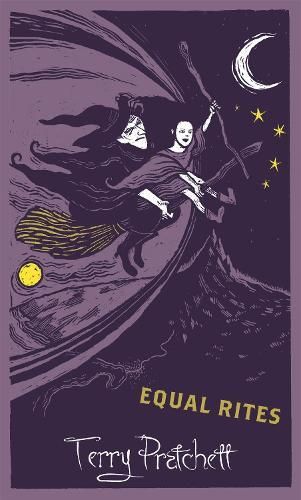 Purple book cover with a flying witch, moon, stars, and the title “Equal Rites” by Terry Pratchett