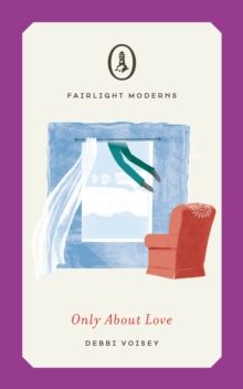 Book cover with a blue sky through a window, white curtains, and a red armchair on a cream background.