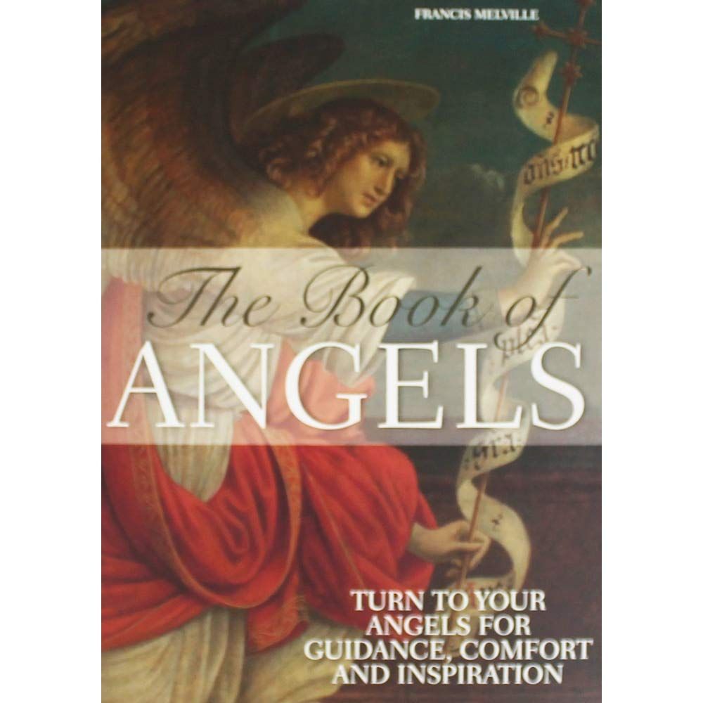 Book cover titled “The Book of Angels” with an angel painting and red drapery, in soft gold and blue tones