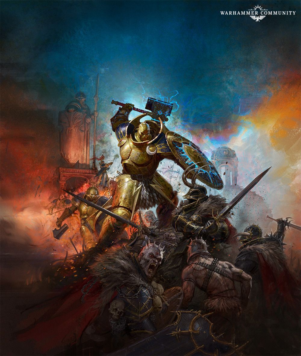Armored warrior raises a hammer amid chaotic battlefield flames and bodies under a dark sky