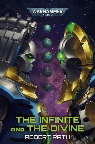 Warhammer 40,000 book cover for The Infinite and the Divine, with two metallic Necron faces and glowing green orbs