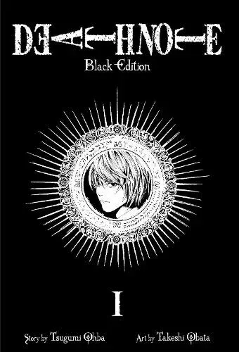 Death Note Black Edition cover featuring a white-haired character in a glowing circular frame on a black background