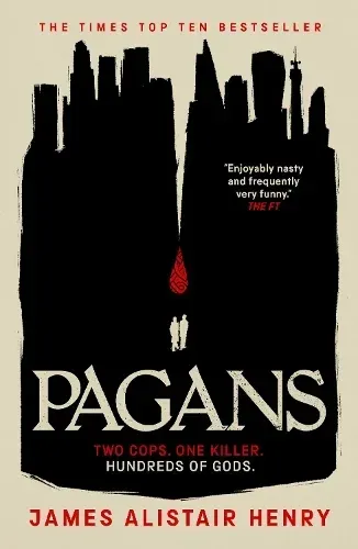Black book cover with red figure, city skyline silhouette, and title “Pagans” by James Alistair Henry.