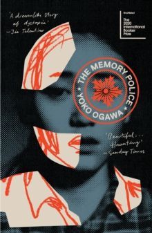 Poster of a face collage with red flower overlay and text reading “The Memory Police” by Yoko Ogawa.