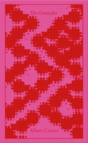 Book cover of The Outsider by Albert Camus, with a red abstract pattern and pink border.