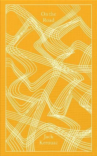 Orange book cover with white abstract line pattern, titled “On the Road” by Jack Kerouac.