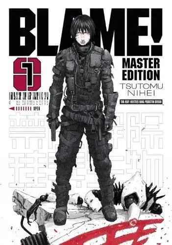 Manga cover of BLAME! Master Edition, showing a dark-clad figure standing amid ruins with red title text.