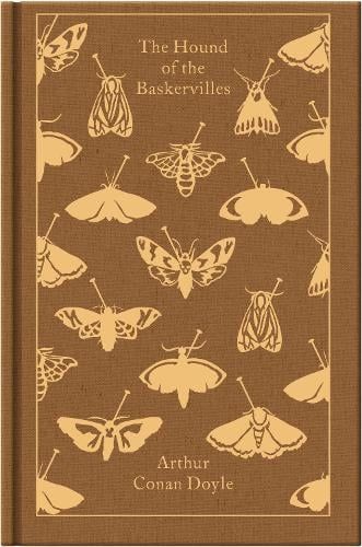 Brown book cover of The Hound of the Baskervilles with tan moth illustrations and author name