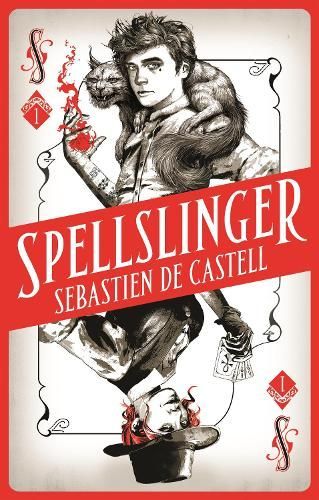 Book cover for “Spellslinger” by Sebastien de Castell, with a stylized figure and red lettering on a white background