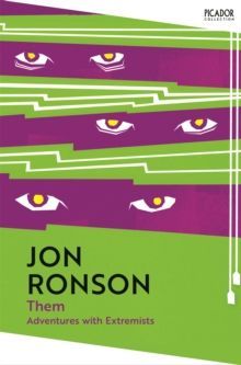 Book cover of Jon Ronson’s “Them,” purple and green with stylized eyes