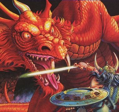 Red dragon lunges at a warrior with a glowing sword and shield in a fantasy battle scene