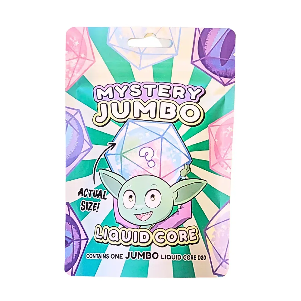 Mystery Jumbo Liquid Core toy packaging with pastel geometric background and cartoon goblin face