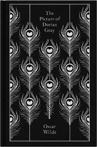 Cover of The Picture of Dorian Gray by Oscar Wilde, black background with white peacock feathers.