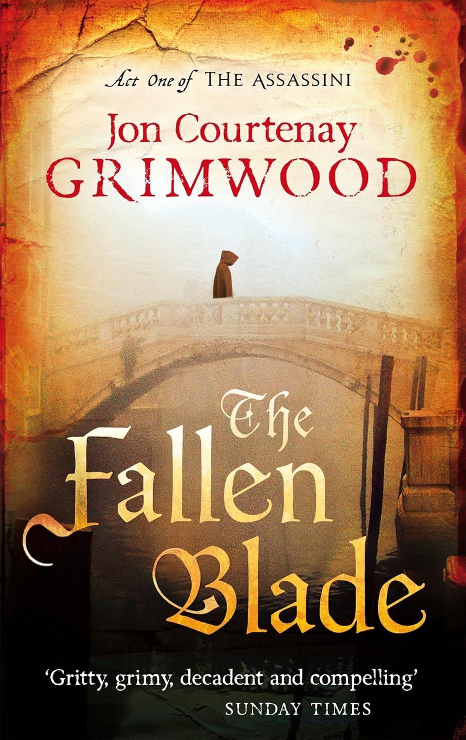 Book cover for Jon Courtenay Grimwood’s The Fallen Blade, with a parchment-toned background and dagger silhouette