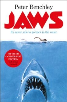 Jaws book cover with shark rising from blue water and red title, Fifth Anniversary Edition