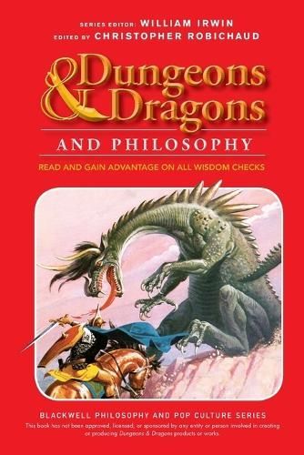 Book cover of “Dungeons & Dragons and Philosophy” with a dragon looming over adventurers