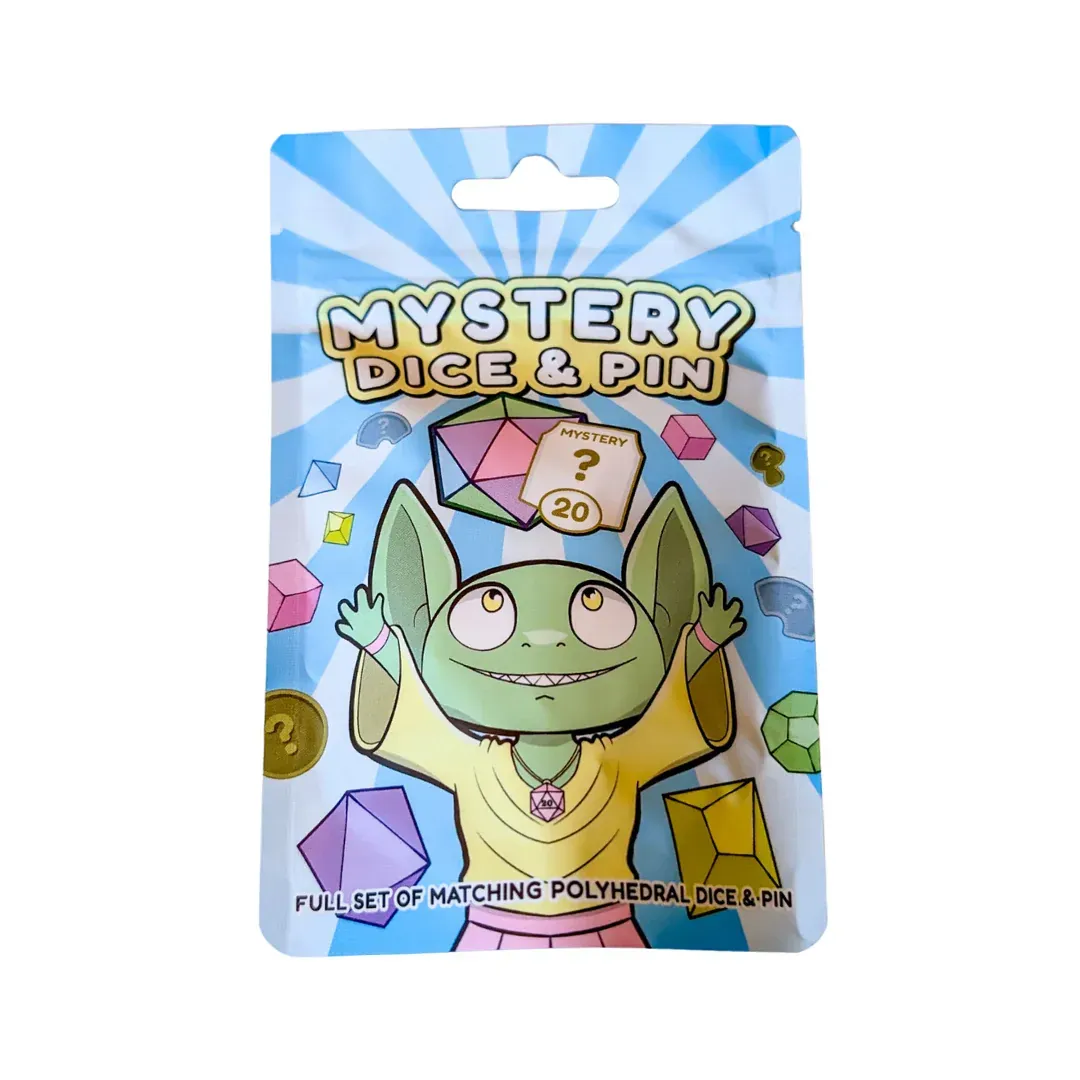 Mystery Dice 2.1 Pin package with a green cartoon goblin and colorful dice on a blue background